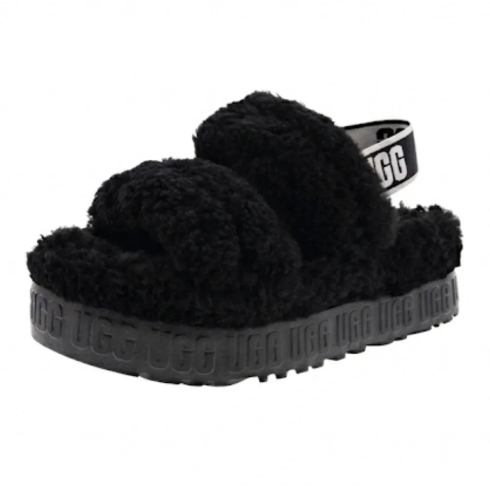 UGG “Oh Fluffita” Black Platform Slingback Slippers Size 10 Like New!